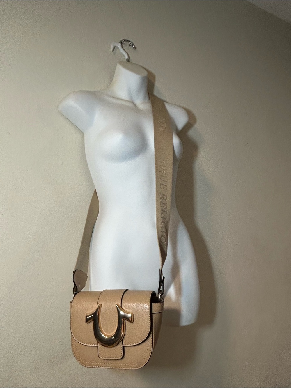 True Religion Tan Crossbody Bag with Wide Logo Strap